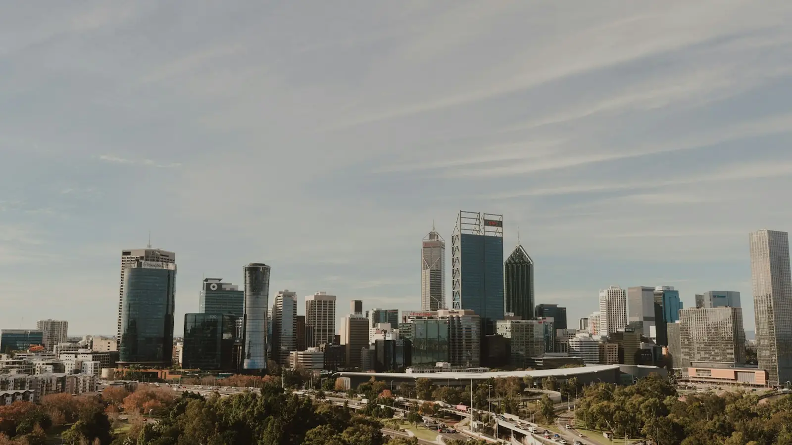 Green park and city buildings in Perth, Western Australia